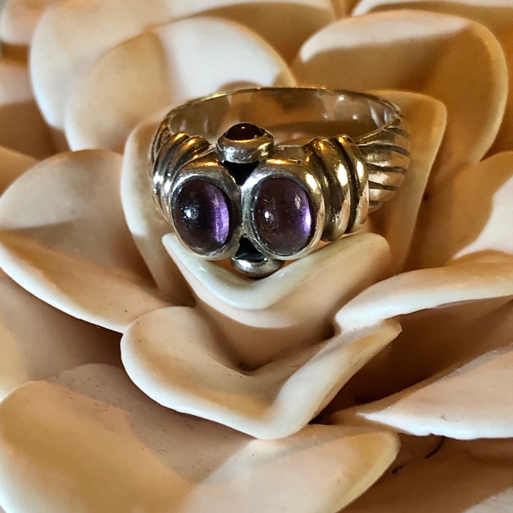 Sterling Silver Amethyst Cabochon Ring - Purple Gemstone
